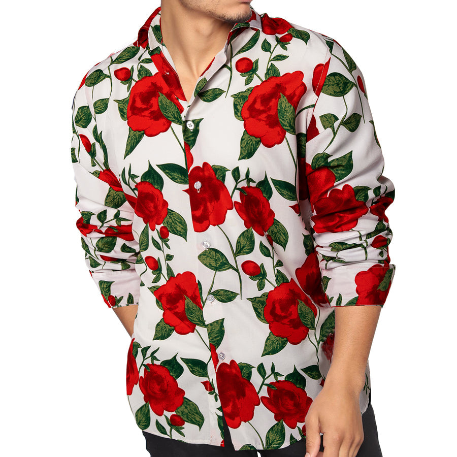 White Red-Rose Floral Dress Shirt shirt    - Sophisticated Gentlemen