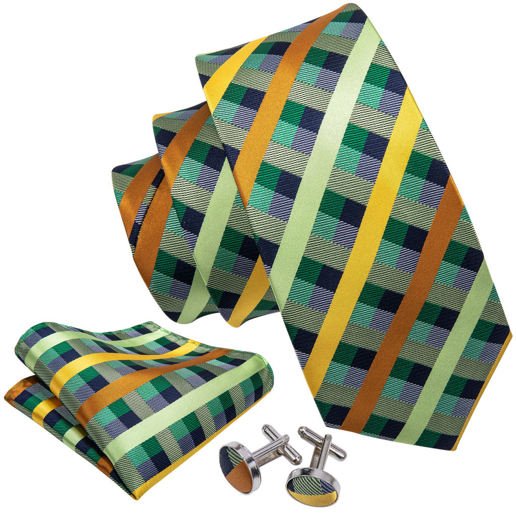 Mint Green Yellow Orange Plaid Tie, Pocket Square and Cufflinks Set tie sets    - Sophisticated Gentlemen