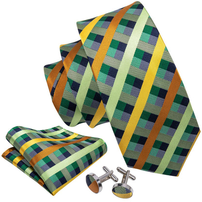 Mint Green Yellow Orange Plaid Tie, Pocket Square and Cufflinks Set tie sets    - Sophisticated Gentlemen