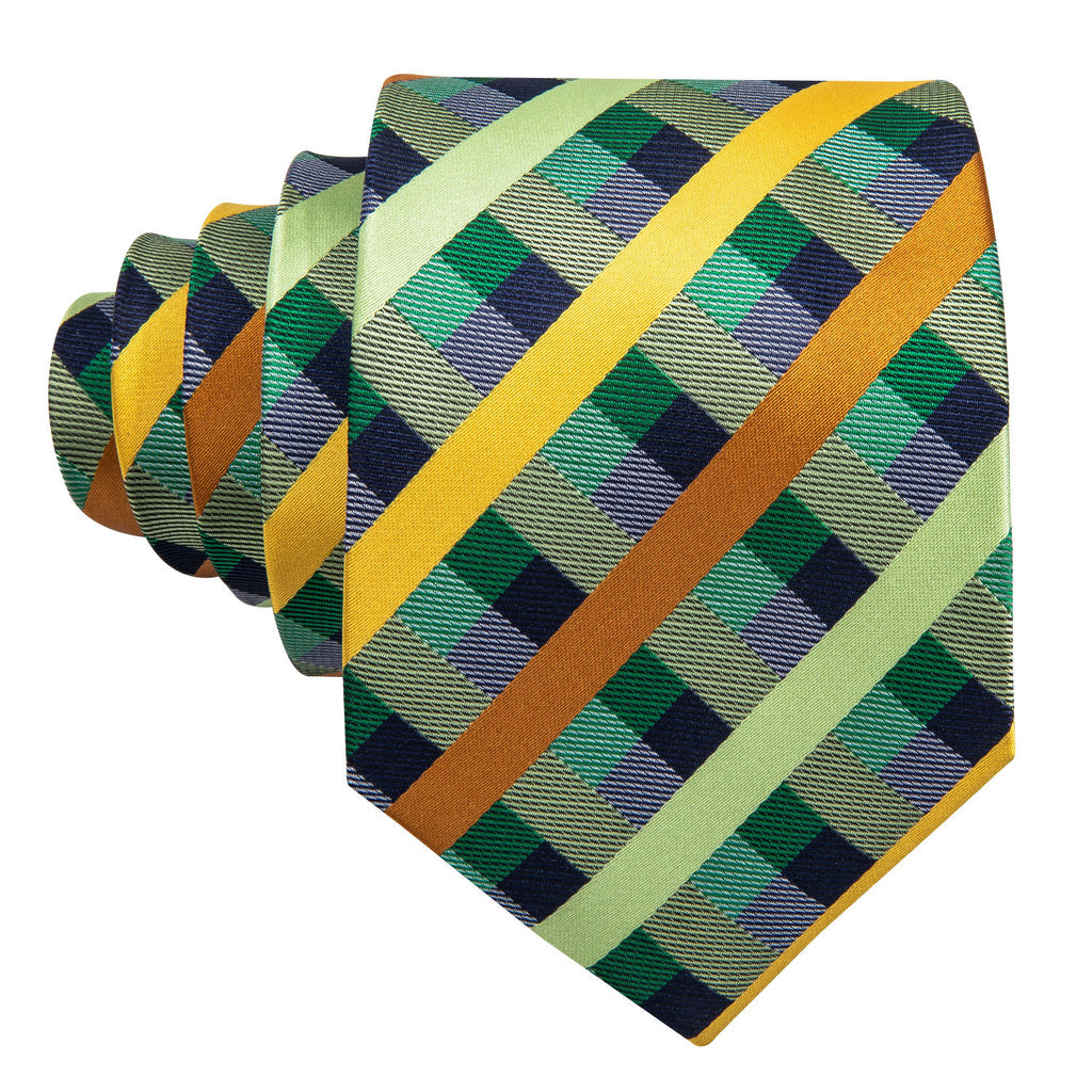 Mint Green Yellow Orange Plaid Tie, Pocket Square and Cufflinks Set tie sets    - Sophisticated Gentlemen