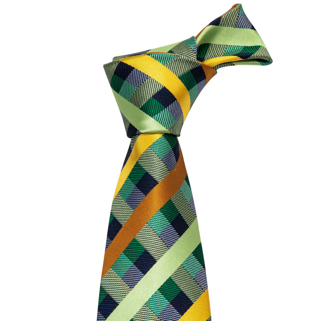 Mint Green Yellow Orange Plaid Tie, Pocket Square and Cufflinks Set tie sets    - Sophisticated Gentlemen