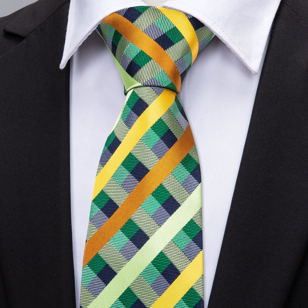 Mint Green Yellow Orange Plaid Tie, Pocket Square and Cufflinks Set tie sets    - Sophisticated Gentlemen