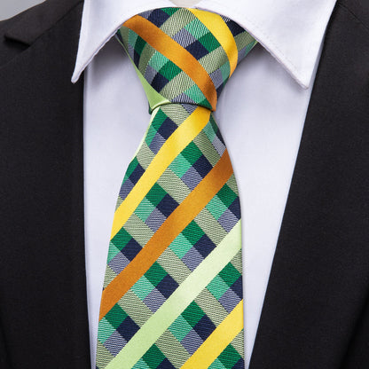 Mint Green Yellow Orange Plaid Tie, Pocket Square and Cufflinks Set tie sets    - Sophisticated Gentlemen