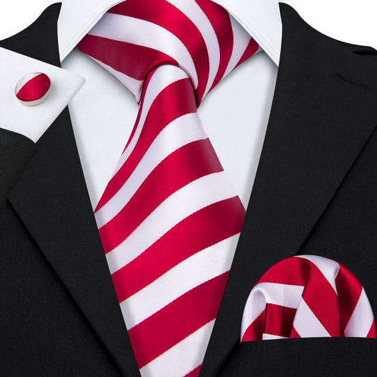 Red White Striped Silk Tie, Pocket Square and Cufflinks Set tie sets    - Sophisticated Gentlemen
