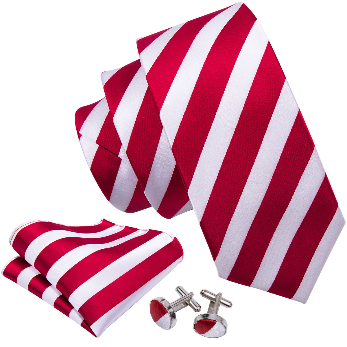 Red White Striped Silk Tie, Pocket Square and Cufflinks Set tie sets    - Sophisticated Gentlemen