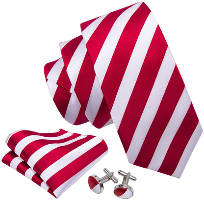 Red White Striped Silk Tie, Pocket Square and Cufflinks Set tie sets    - Sophisticated Gentlemen
