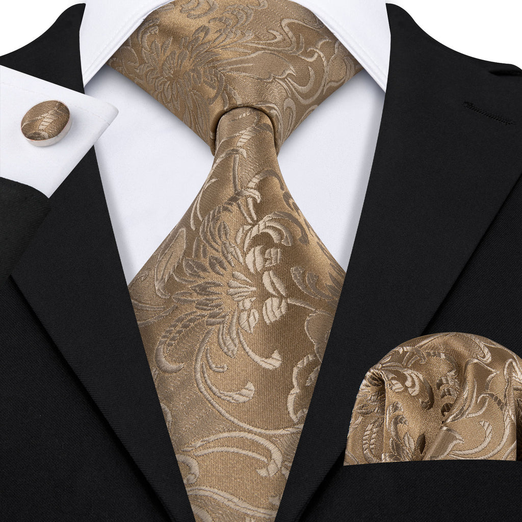 Champagne Gold Floral Tie, Pocket Square and Cufflinks Set tie sets    - Sophisticated Gentlemen