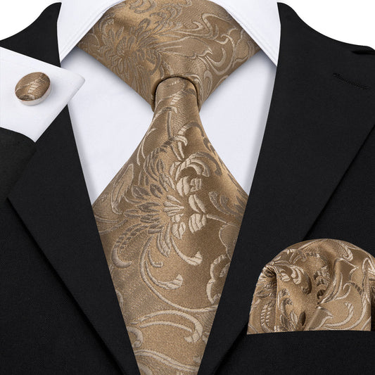 Champagne Gold Floral Tie, Pocket Square and Cufflinks Set tie sets    - Sophisticated Gentlemen