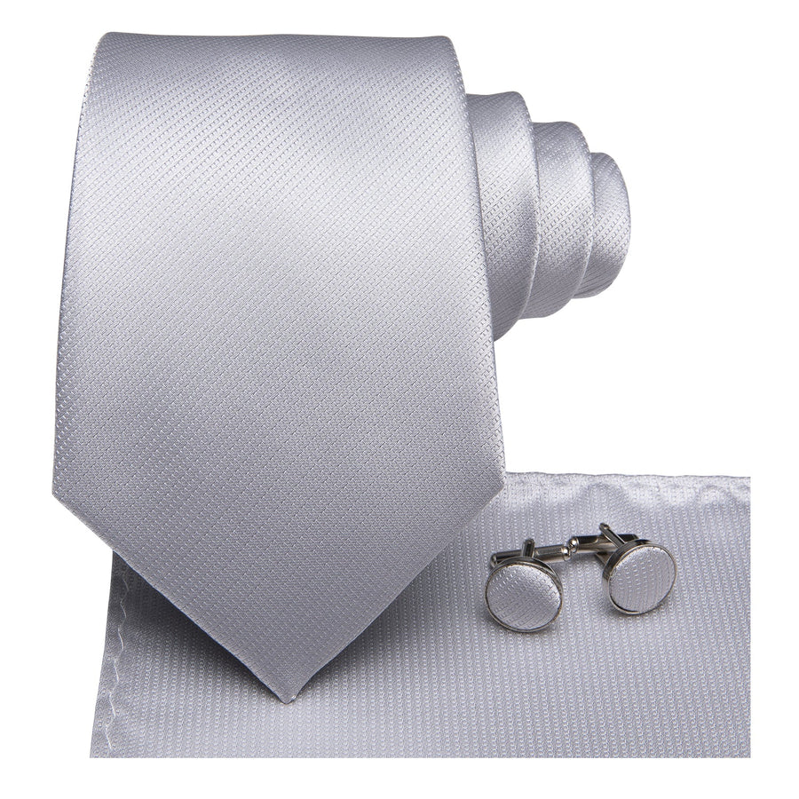 Silver Gray Solid Silk XL Tie, Pocket Square and Cufflinks tie sets    - Sophisticated Gentlemen