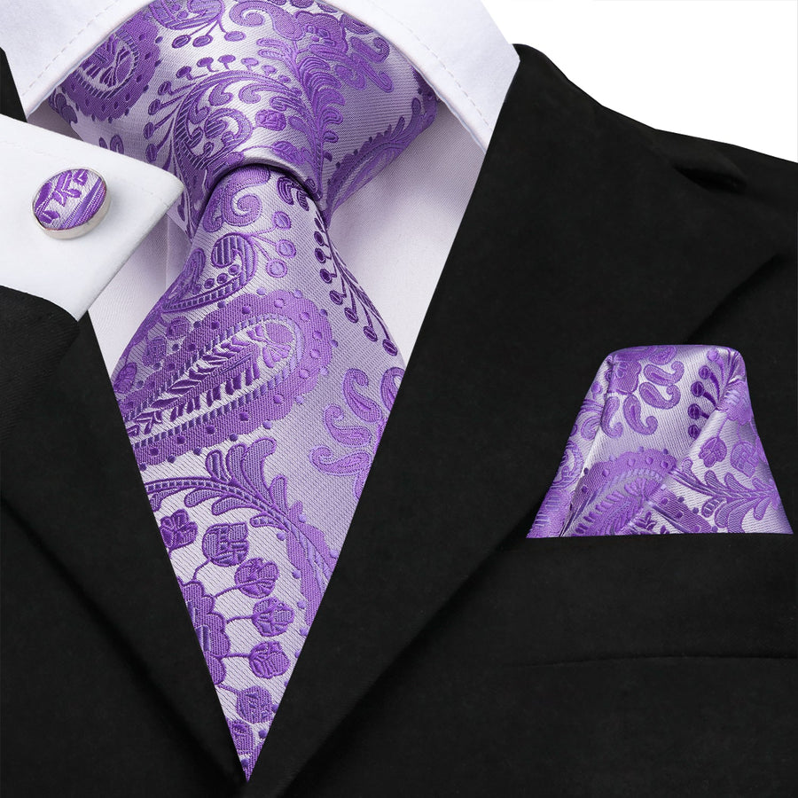 Lavender Paisley XL Tie, Pocket Square and Cufflinks tie sets    - Sophisticated Gentlemen
