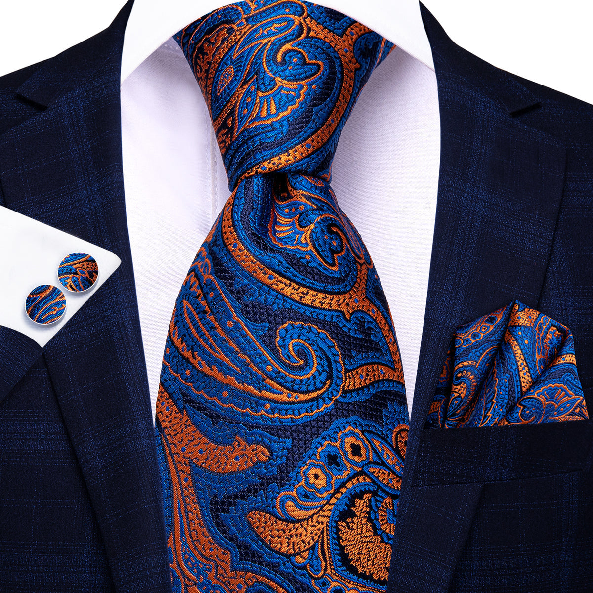Blue and Orange Paisley Silk Tie, Pocket Square and Cufflinks tie sets    - Sophisticated Gentlemen