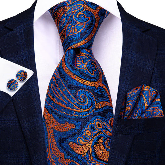 Blue and Orange Paisley Silk Tie, Pocket Square and Cufflinks tie sets    - Sophisticated Gentlemen
