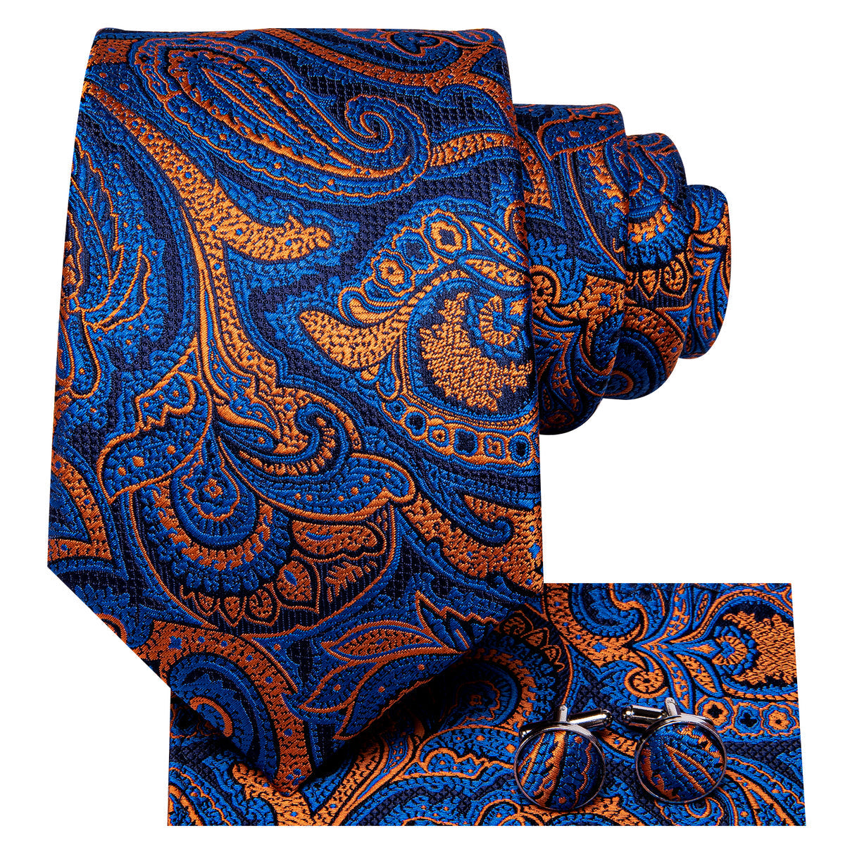 Blue and Orange Paisley Silk Tie, Pocket Square and Cufflinks tie sets    - Sophisticated Gentlemen