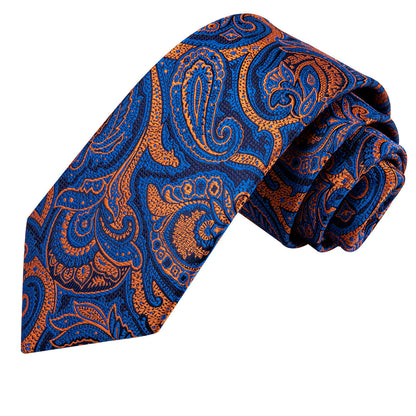 Blue and Orange Paisley Silk Tie, Pocket Square and Cufflinks tie sets    - Sophisticated Gentlemen