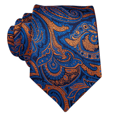 Blue and Orange Paisley Silk Tie, Pocket Square and Cufflinks tie sets    - Sophisticated Gentlemen