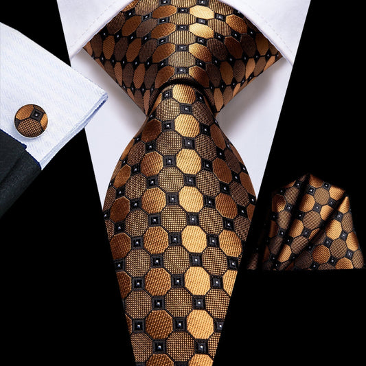 Golden Plaid Silk Tie, Pocket Square and Cufflinks Set tie sets Regular Length   - Sophisticated Gentlemen
