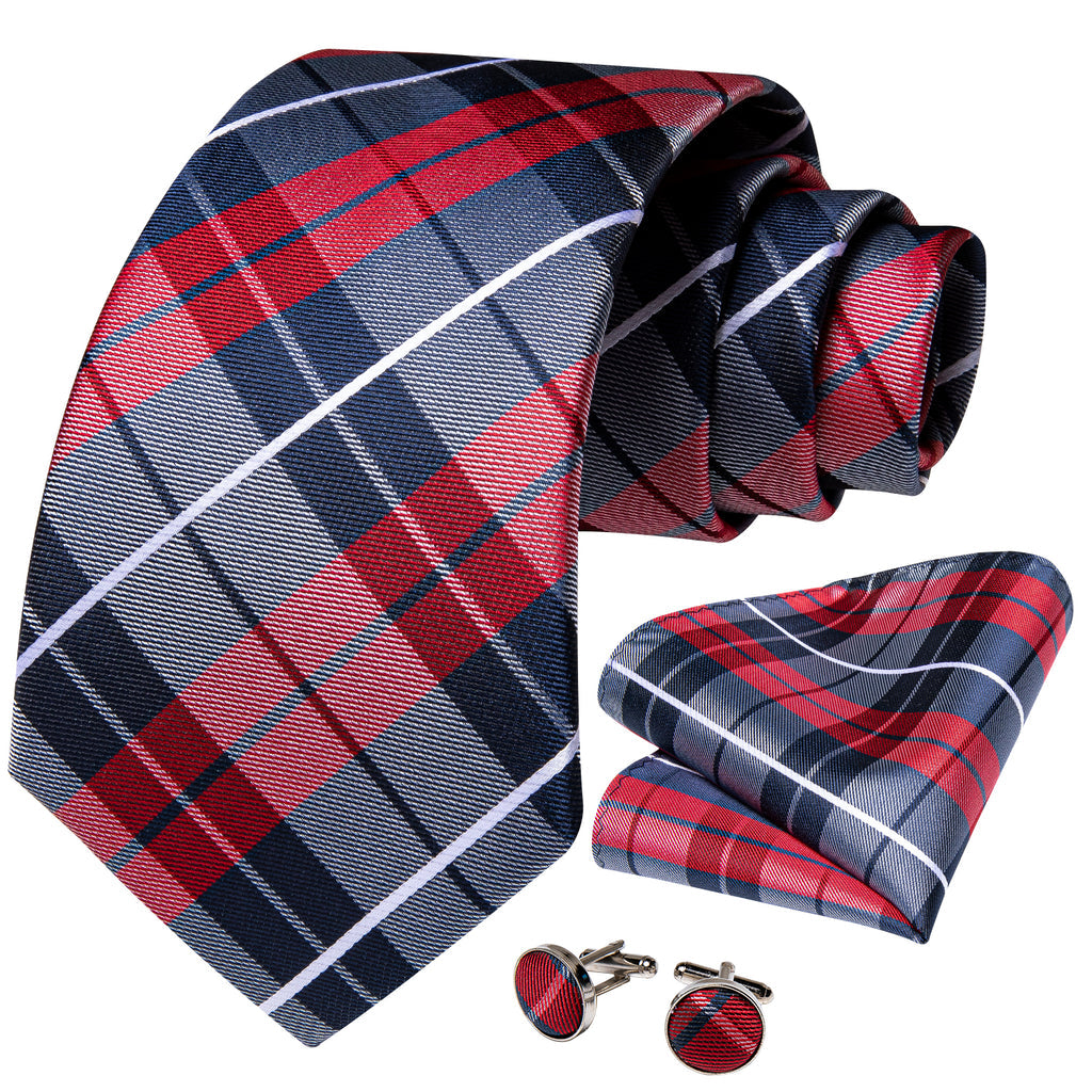 Blue Red Classic Plaid Tie, Pocket Square and Cufflinks Set tie sets    - Sophisticated Gentlemen