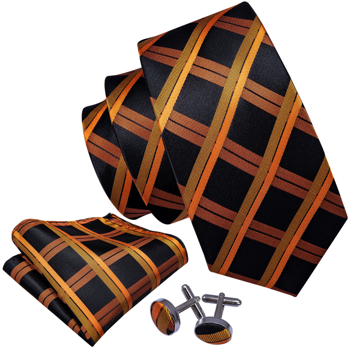 Orange Black Plaid Tie, Pocket Square and Cufflinks Set tie sets    - Sophisticated Gentlemen
