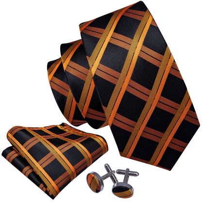 Orange Black Plaid Tie, Pocket Square and Cufflinks Set tie sets    - Sophisticated Gentlemen