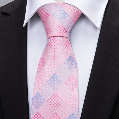 Pink Plaid Silk Men's Tie, Pocket Square and Cufflinks Set tie sets    - Sophisticated Gentlemen
