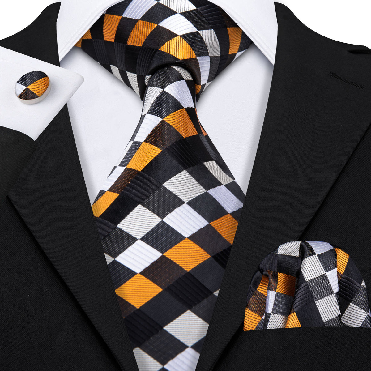 Orange Black White Plaid Silk Tie, Pocket Square and Cufflinks Set tie sets    - Sophisticated Gentlemen