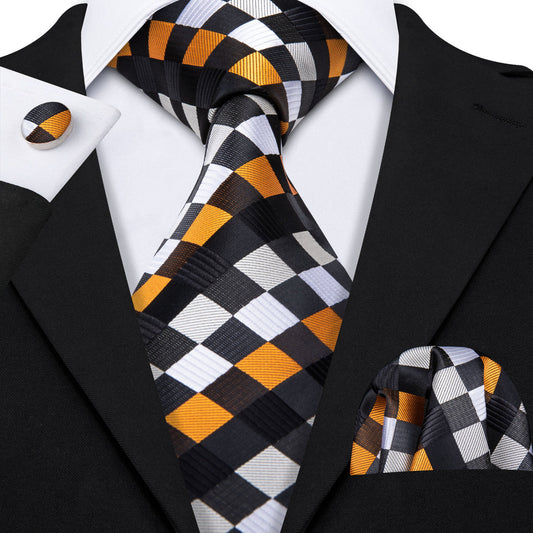 Orange Black White Plaid Silk Tie, Pocket Square and Cufflinks Set tie sets    - Sophisticated Gentlemen