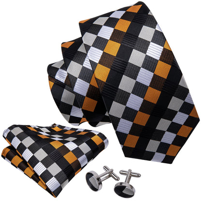 Orange Black White Plaid Silk Tie, Pocket Square and Cufflinks Set tie sets    - Sophisticated Gentlemen