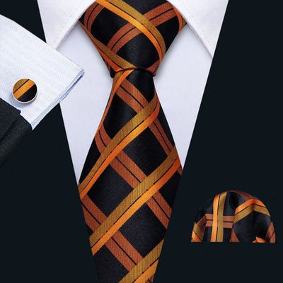 Orange Black Plaid Tie, Pocket Square and Cufflinks Set tie sets    - Sophisticated Gentlemen