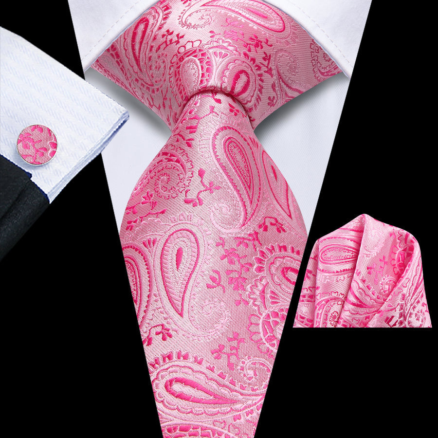 Pink Paisley XL Silk Tie, Pocket Square and Cufflinks tie sets    - Sophisticated Gentlemen