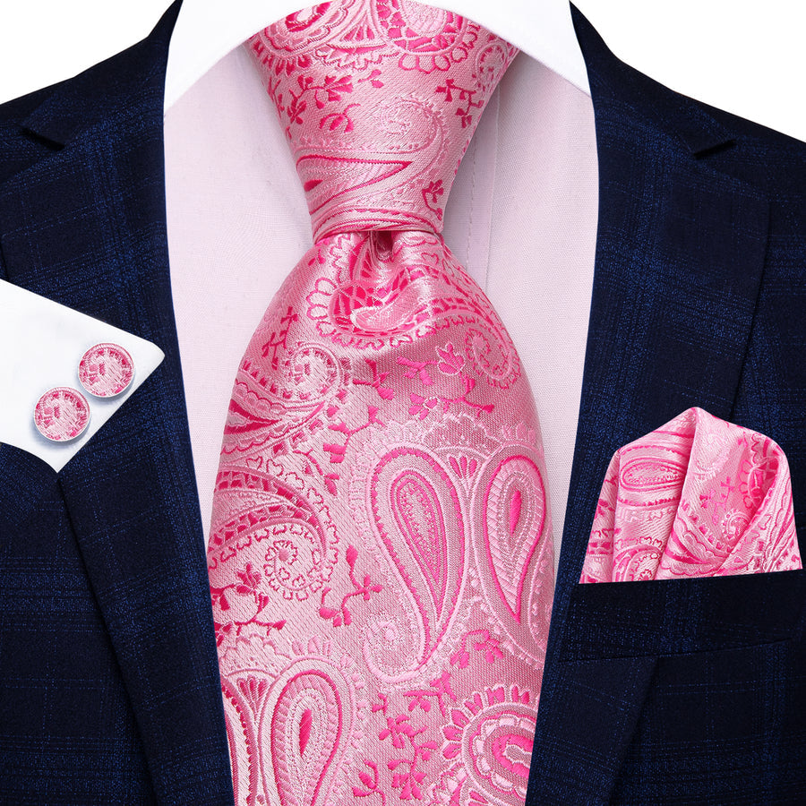 Pink Paisley XL Silk Tie, Pocket Square and Cufflinks tie sets    - Sophisticated Gentlemen