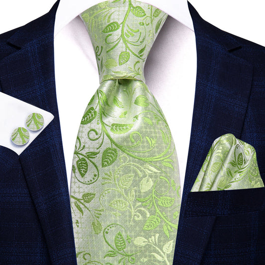 Lime Green Floral XL Tie, Pocket Square and Cufflinks tie sets    - Sophisticated Gentlemen