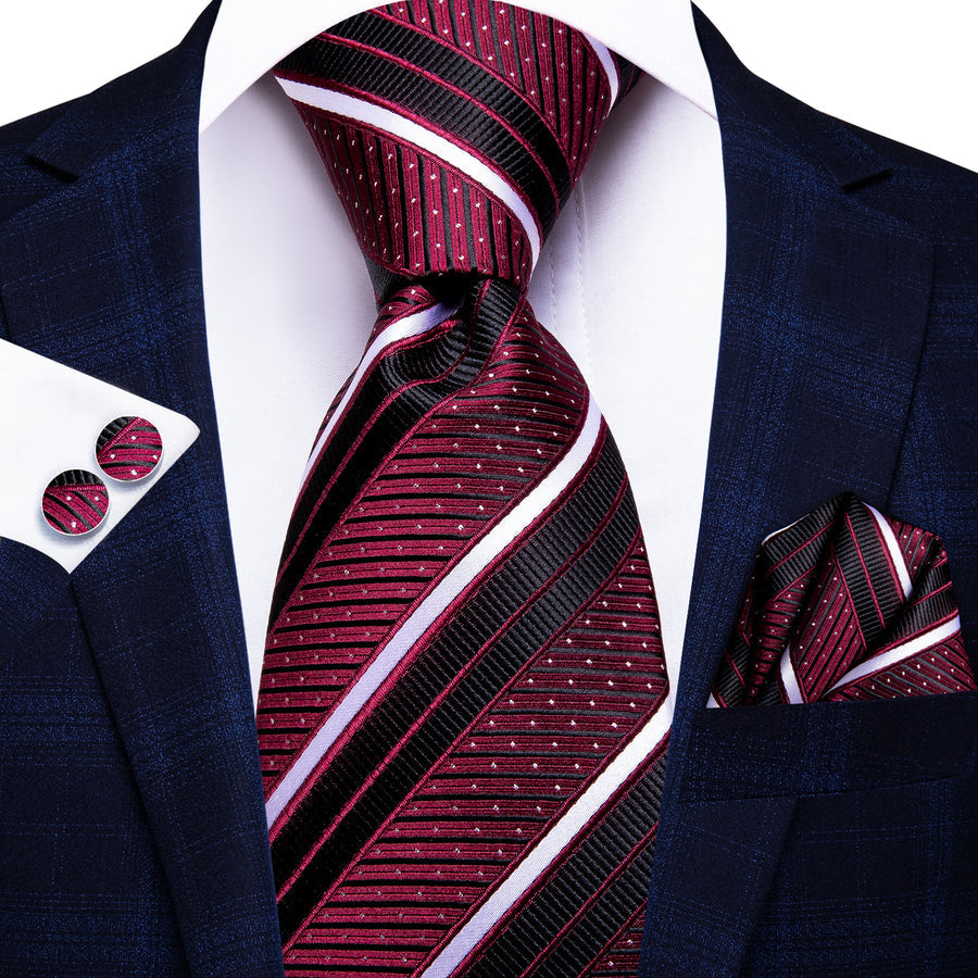 Burgundy, Black and White Striped XL Tie, Pocket Square and Cufflinks tie sets    - Sophisticated Gentlemen