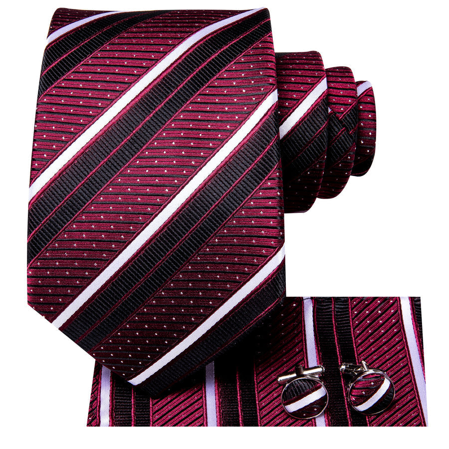 Burgundy, Black and White Striped XL Tie, Pocket Square and Cufflinks tie sets    - Sophisticated Gentlemen