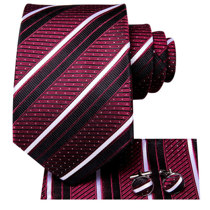Burgundy, Black and White Striped XL Tie, Pocket Square and Cufflinks tie sets    - Sophisticated Gentlemen