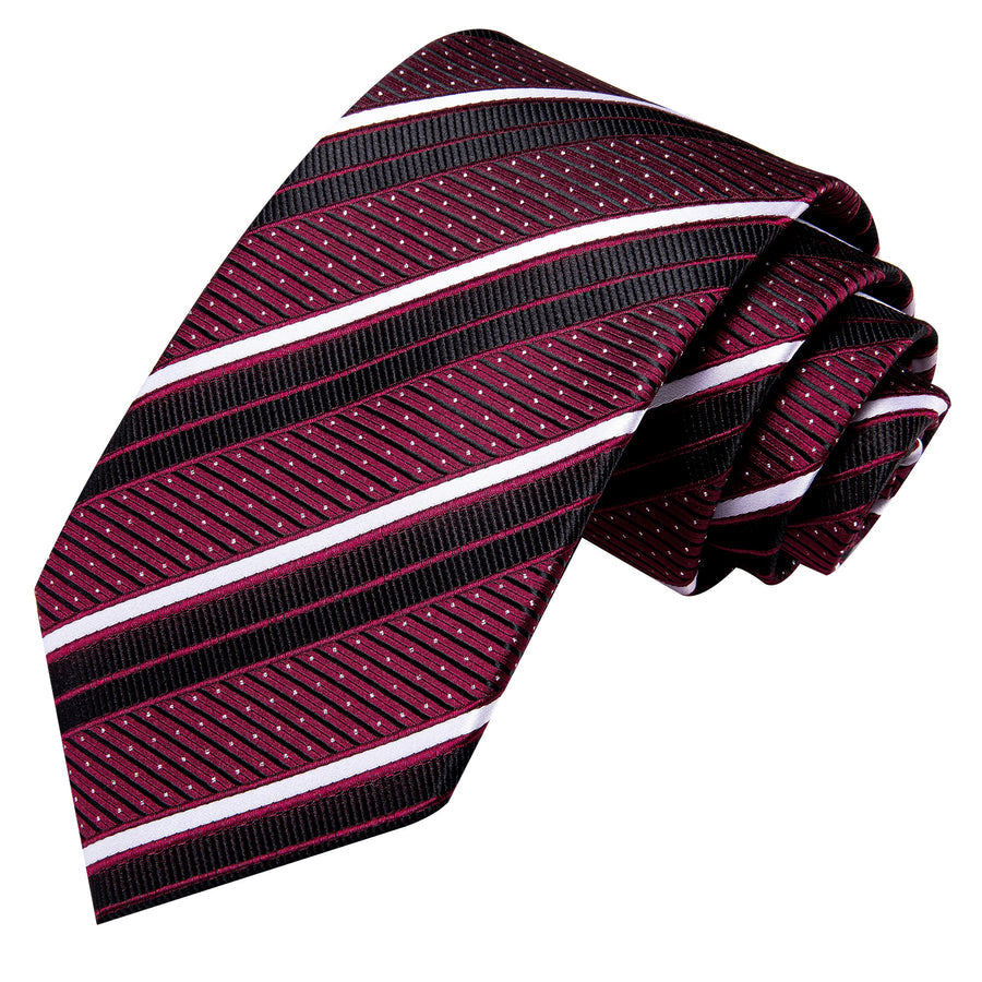 Burgundy, Black and White Striped XL Tie, Pocket Square and Cufflinks tie sets    - Sophisticated Gentlemen