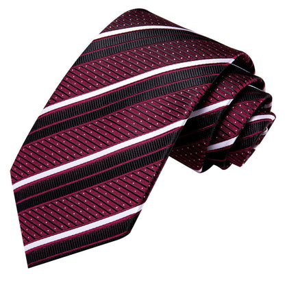 Burgundy, Black and White Striped XL Tie, Pocket Square and Cufflinks tie sets    - Sophisticated Gentlemen