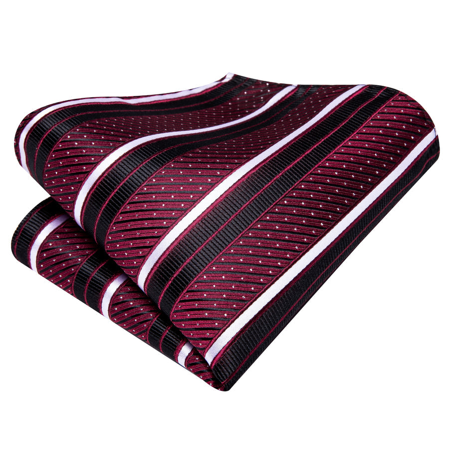 Burgundy, Black and White Striped XL Tie, Pocket Square and Cufflinks tie sets    - Sophisticated Gentlemen