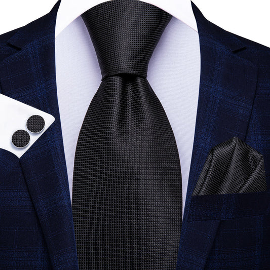 Midnight Black Plaid XL Tie, Pocket Square and Cufflinks tie sets    - Sophisticated Gentlemen