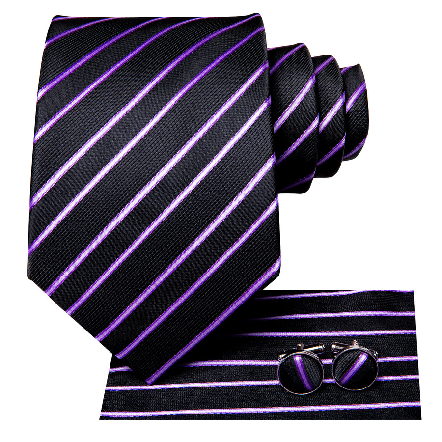 Black and Purple Striped XL Tie, Pocket Square and Cufflinks tie sets    - Sophisticated Gentlemen