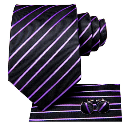 Black and Purple Striped XL Tie, Pocket Square and Cufflinks tie sets    - Sophisticated Gentlemen