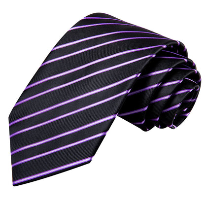 Black and Purple Striped XL Tie, Pocket Square and Cufflinks tie sets    - Sophisticated Gentlemen