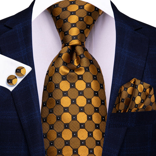 Golden Plaid XL Tie, Pocket Square and Cufflinks tie sets    - Sophisticated Gentlemen