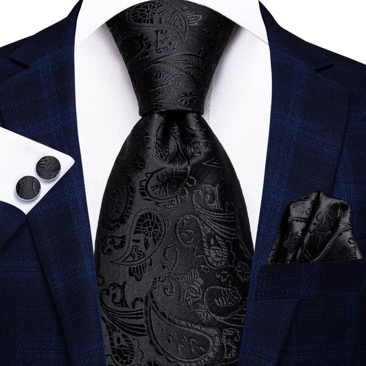 All Black Paisley XL Tie, Pocket Square and Cufflinks tie sets    - Sophisticated Gentlemen