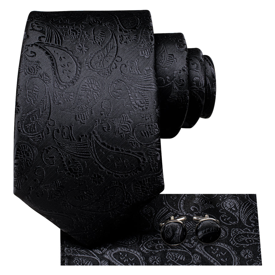 All Black Paisley XL Tie, Pocket Square and Cufflinks tie sets    - Sophisticated Gentlemen