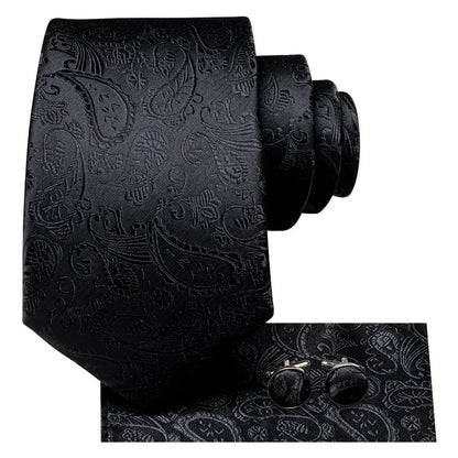 All Black Paisley XL Tie, Pocket Square and Cufflinks tie sets    - Sophisticated Gentlemen