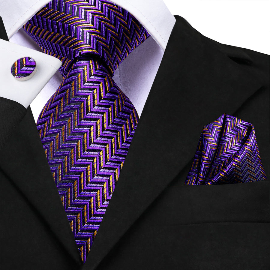 Purple and Orange Geometric XL Tie, Pocket Square and Cufflinks tie sets    - Sophisticated Gentlemen
