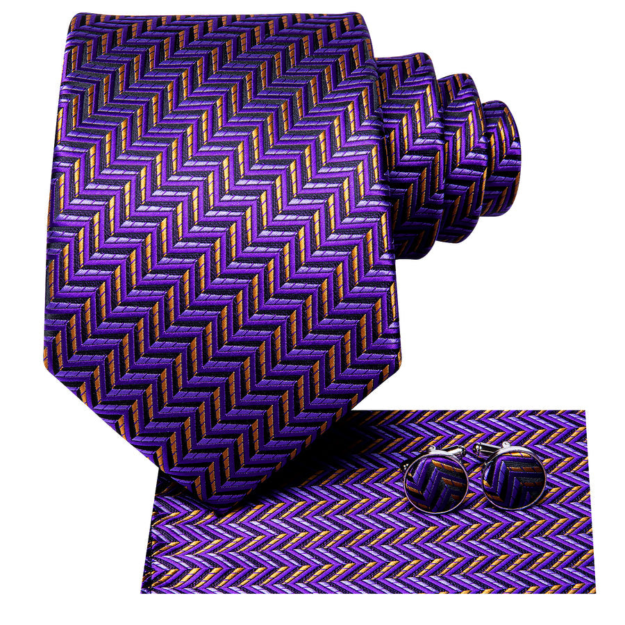 Purple and Orange Geometric XL Tie, Pocket Square and Cufflinks tie sets    - Sophisticated Gentlemen