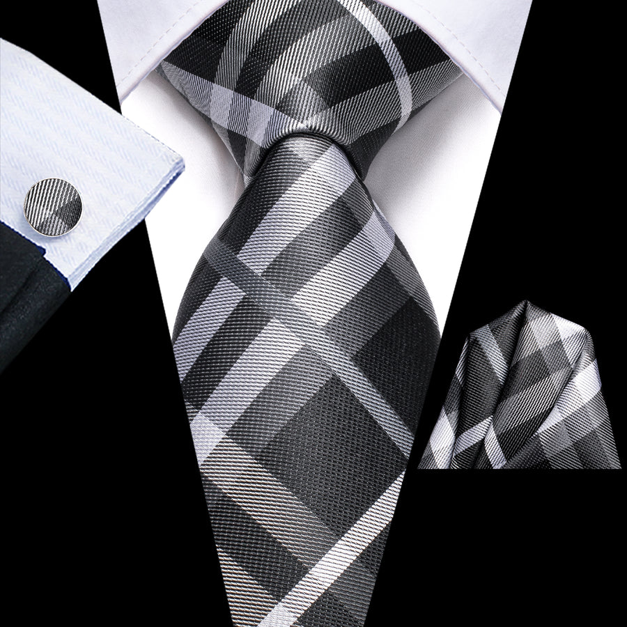 Black, Gray and White Plaid XL Tie, Pocket Square and Cufflinks tie sets    - Sophisticated Gentlemen