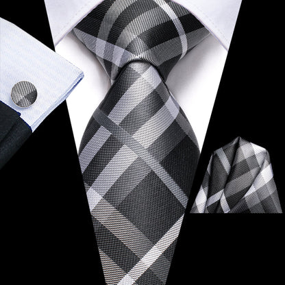 Black, Gray and White Plaid XL Tie, Pocket Square and Cufflinks tie sets    - Sophisticated Gentlemen