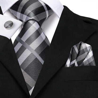 Black, Gray and White Plaid XL Tie, Pocket Square and Cufflinks tie sets    - Sophisticated Gentlemen